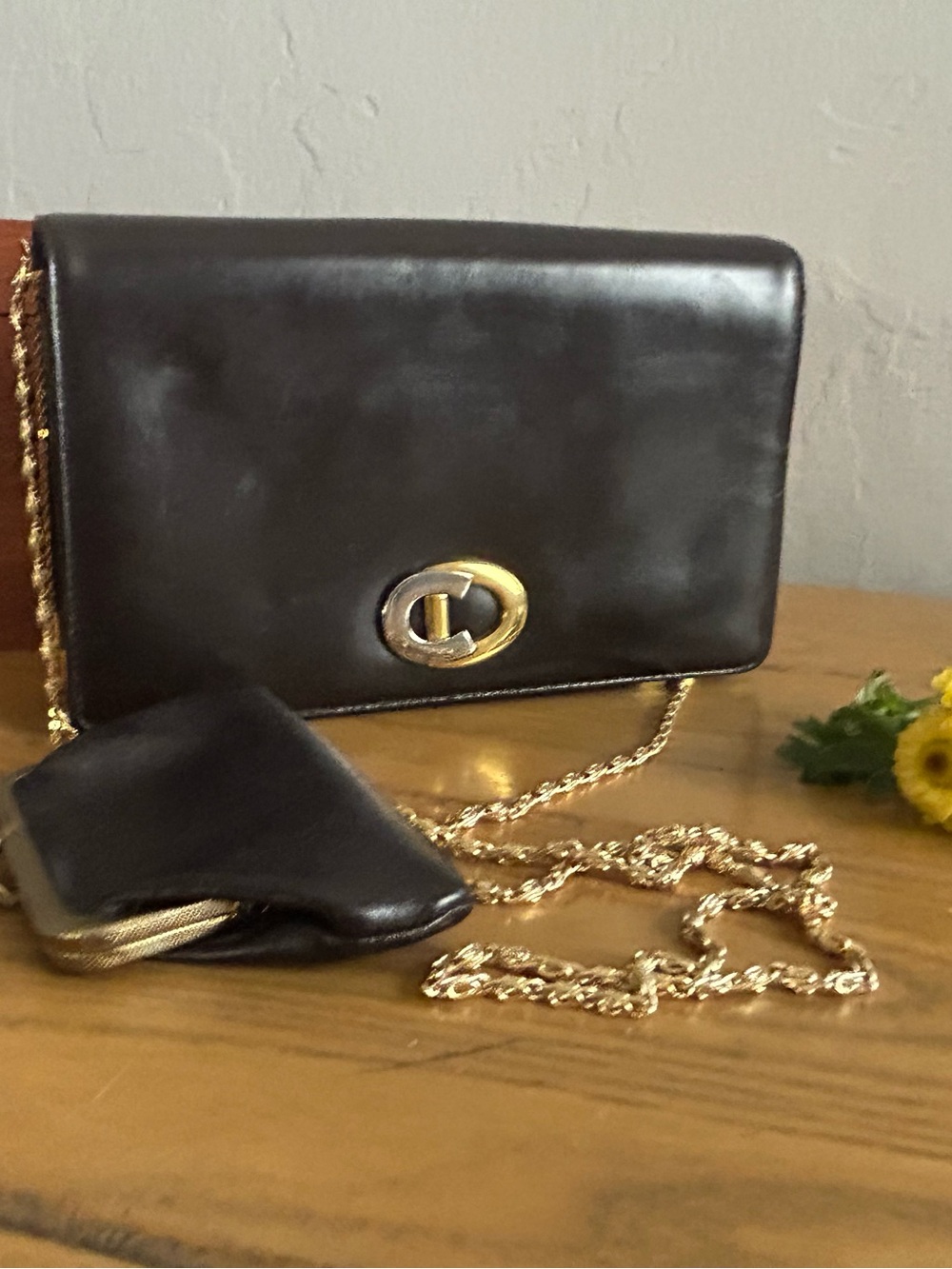 Authentic Christian Dior Vintage Flap Black Gold chain w coin purrse bag exquisi